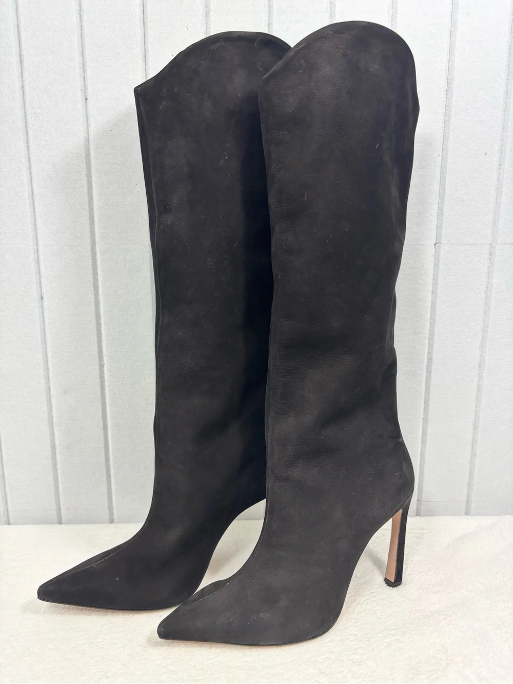 SCHUTZ Black Suede MARYANA SCULPT LEATHER BOOT Pointed Stiletto Boots Size 9B
